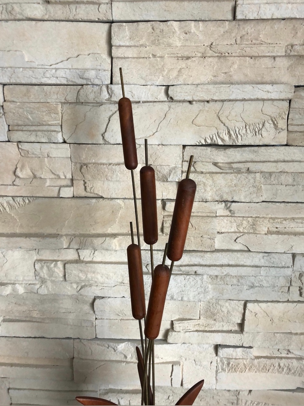 Stunning Rare Mid Century Modern Teak and Brass Cattail Sculpture - Picture 5 of 6